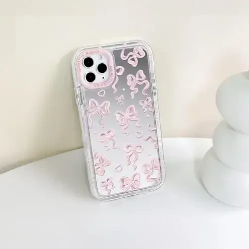 NITITOP iPhone 11 Pro Max uchun mos keladigan chexol, ayollar va qizlar uchun yoqimli oyna kamon sevgi yurak naqshli, lenta dizayni zarbaga chidamli kumush himoya telefon qopqog'i - och pushti kamon - 8