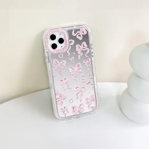 NITITOP iPhone 11 Pro Max uchun mos keladigan chexol, ayollar va qizlar uchun yoqimli oyna kamon sevgi yurak naqshli, lenta dizayni zarbaga chidamli kumush himoya telefon qopqog'i - och pushti kamon - 7