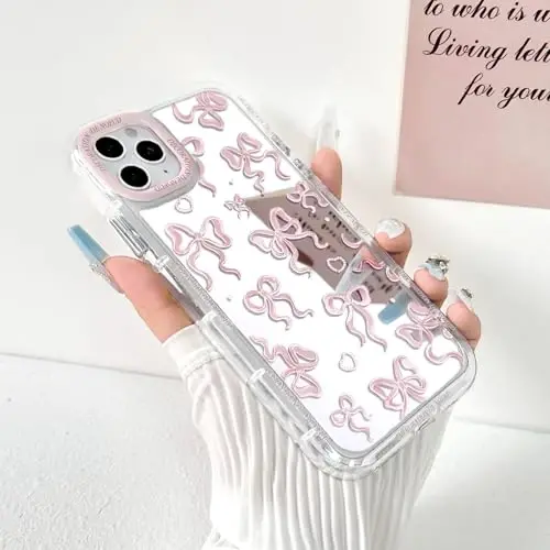 NITITOP iPhone 11 Pro Max uchun mos keladigan chexol, ayollar va qizlar uchun yoqimli oyna kamon sevgi yurak naqshli, lenta dizayni zarbaga chidamli kumush himoya telefon qopqog'i - och pushti kamon - 2