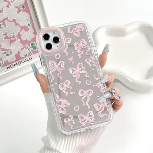 NITITOP iPhone 11 Pro Max uchun mos keladigan chexol, ayollar va qizlar uchun yoqimli oyna kamon sevgi yurak naqshli, lenta dizayni zarbaga chidamli kumush himoya telefon qopqog'i - och pushti kamon - 3