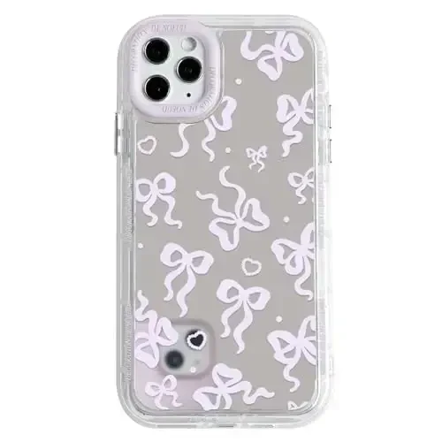 NITITOP iPhone 11 Pro Max uchun mos keladigan g'ilof, ayollar qizlar uchun yoqimli oyna kamon sevgi yurak naqshli, lenta dizayni zarbaga chidamli kumush himoya telefon qopqog'i - pushti binafsha kamon 