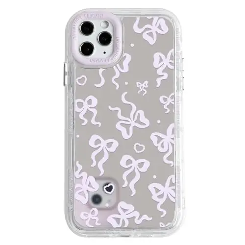 NITITOP iPhone 11 Pro Max uchun mos keladigan g'ilof, ayollar qizlar uchun yoqimli oyna kamon sevgi yurak naqshli, lenta dizayni zarbaga chidamli kumush himoya telefon qopqog'i - pushti binafsha kamon 