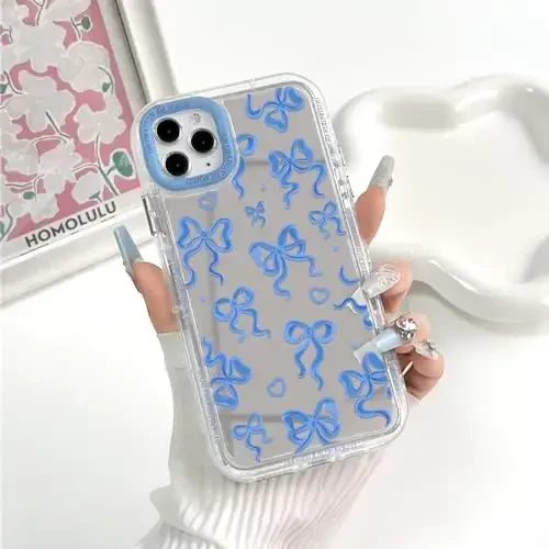 NITITOP iPhone 11 Pro Max uchun mos keladigan g'ilof Chiroyli oyna kamon sevgi yurak naqshli ayollar qizlar uchun lenta dizayni zarbaga chidamli kumush himoya telefon qopqog'i - Indigo Blue Bow - 3
