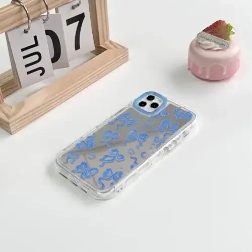 NITITOP iPhone 11 Pro Max uchun mos keladigan g'ilof Chiroyli oyna kamon sevgi yurak naqshli ayollar qizlar uchun lenta dizayni zarbaga chidamli kumush himoya telefon qopqog'i - Indigo Blue Bow - 4