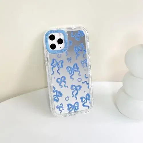 NITITOP iPhone 11 Pro Max uchun mos keladigan g'ilof Chiroyli oyna kamon sevgi yurak naqshli ayollar qizlar uchun lenta dizayni zarbaga chidamli kumush himoya telefon qopqog'i - Indigo Blue Bow - 7