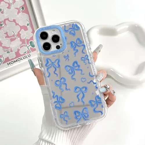 NITITOP iPhone 11 Pro Max uchun mos keladigan g'ilof Chiroyli oyna kamon sevgi yurak naqshli ayollar qizlar uchun lenta dizayni zarbaga chidamli kumush himoya telefon qopqog'i - Indigo Blue Bow - 3