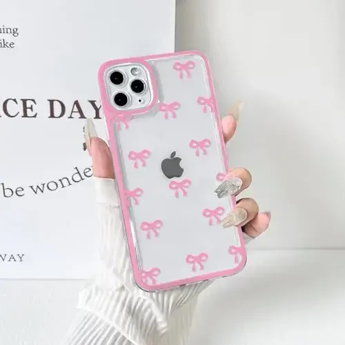 NITITOP iPhone 11 Pro uchun mos keladigan g‘ilof, chiroyli, shaffof, bardoshli lenta, qizlar va ayollar uchun kamon shakli, yumshoq TPU, shaffof, to‘liq kamera linzalari, zarbaga chidamli himoya telefon qopqog‘i - pushti qizil - 6