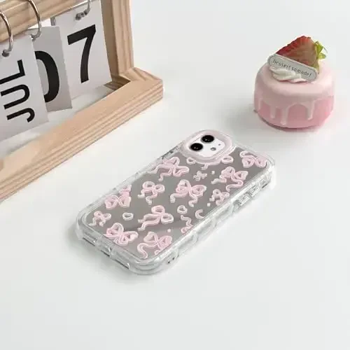 NITITOP iPhone 11 uchun mos keladigan chexol, ayollar qizlar uchun yoqimli oyna kamon sevgi yurak naqshli, lenta dizayni zarbaga chidamli kumush himoya telefon qopqog'i - och pushti kamon - 4