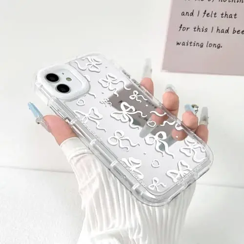 NITITOP iPhone 11 uchun mos keladigan g'ilof Chiroyli oyna kamon sevgi yurak naqshli ayollar qizlar uchun lenta dizayni zarbaga chidamli kumush himoya telefon qopqog'i - Oq kamon - 2