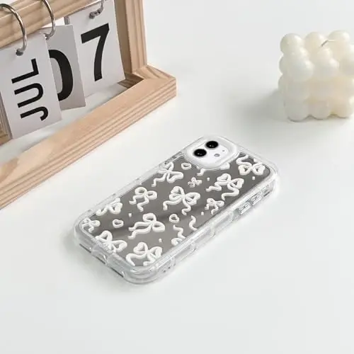 NITITOP iPhone 11 uchun mos keladigan g'ilof Chiroyli oyna kamon sevgi yurak naqshli ayollar qizlar uchun lenta dizayni zarbaga chidamli kumush himoya telefon qopqog'i - Oq kamon - 4