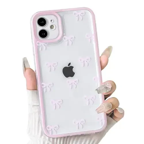 NITITOP iPhone 11 uchun mos keladigan g'ilof Chiroyli shaffof chidamli lenta kamonchasi naqshli qizlar ayollar uchun yumshoq TPU shaffof to'liq kamera linzalari zarbaga chidamli himoya telefon qopqog'i - Pushti 