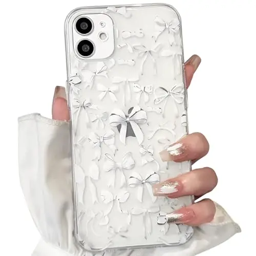 NITITOP Compatible with iPhone 12 Case Cute Clear Bowknot Design for Women Girls White Bow Ribbon Soft Fit Slim Stylish Protective Phone Cover - White - 1