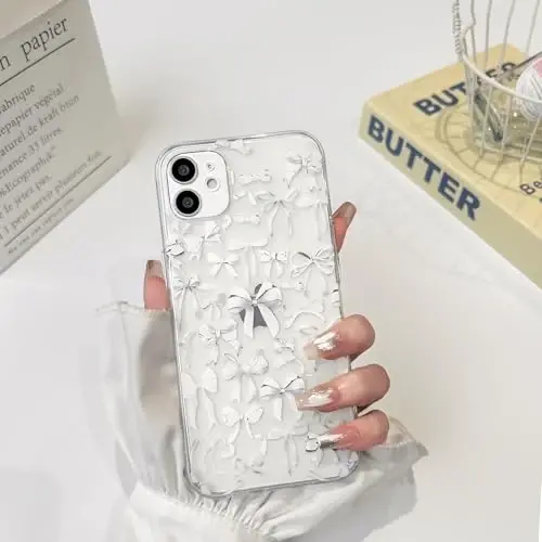 NITITOP Compatible with iPhone 12 Case Cute Clear Bowknot Design for Women Girls White Bow Ribbon Soft Fit Slim Stylish Protective Phone Cover - White - 3