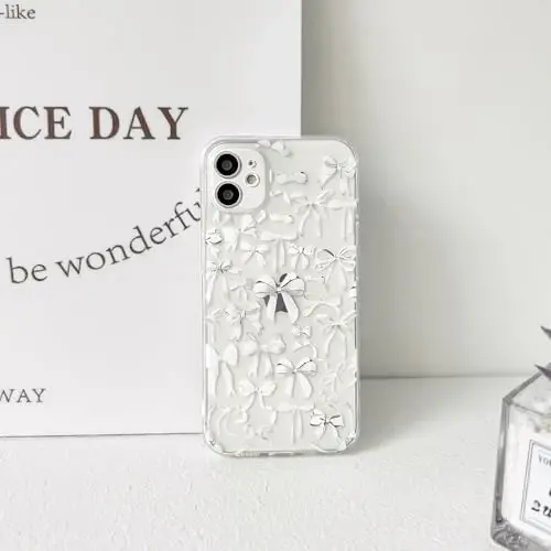 NITITOP Compatible with iPhone 12 Case Cute Clear Bowknot Design for Women Girls White Bow Ribbon Soft Fit Slim Stylish Protective Phone Cover - White - 6