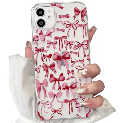 NITITOP Compatible with iPhone 12 Case Cute Clear Bowknot Design for Women Girls Red Bow Ribbon Soft Fit Slim Stylish Protective Phone Cover - Red - 1