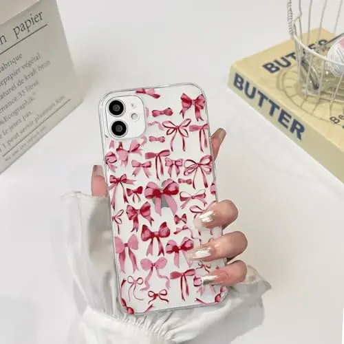 NITITOP Compatible with iPhone 12 Case Cute Clear Bowknot Design for Women Girls Red Bow Ribbon Soft Fit Slim Stylish Protective Phone Cover - Red - 3