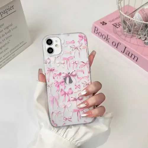 NITITOP Compatible with iPhone 12 Case Cute Clear Bowknot Design for Women Girls Pink Bow Ribbon Soft Fit Slim Stylish Protective Phone Cover - Pink - 3