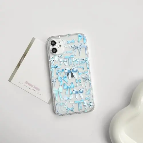 NITITOP Compatible with iPhone 12 Case Cute Clear Bowknot Design for Women Girls Blue Bow Ribbon Soft Fit Slim Stylish Protective Phone Cover - Blue - NITITOP (1)