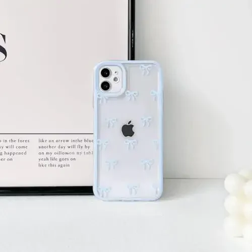NITITOP Compatible with iPhone 12 Mini Case Cute Clear Durable Ribbon Bowknot Pattern for Girls Women Soft TPU Transparent Full Camera Lens Shockproof Protective Phone Cover - Blue - 4