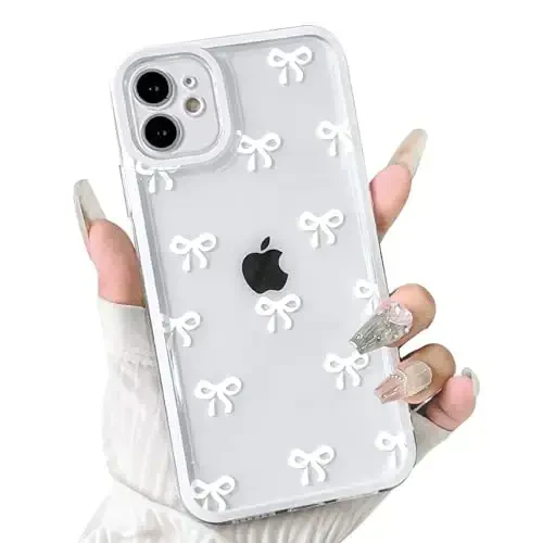 NITITOP Compatible with iPhone 12 Mini Case Cute Clear Durable Ribbon Bowknot Pattern for Girls Women Soft TPU Transparent Full Camera Lens Shockproof Protective Phone Cover - White 