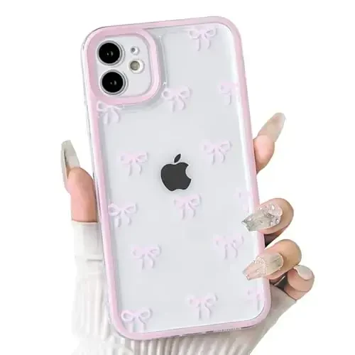 NITITOP Compatible with iPhone 12 Mini Case Cute Clear Durable Ribbon Bowknot Pattern for Girls Women Soft TPU Transparent Full Camera Lens Shockproof Protective Phone Cover - Pink 