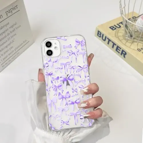 NITITOP Compatible with iPhone 12 Mini Case Cute Clear Bowknot Design for Women Girls Purple Bow Ribbon Soft Fit Slim Stylish Protective Phone Cover - Purple - 3