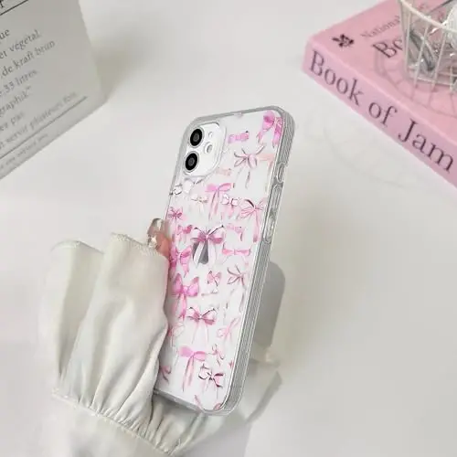 NITITOP iPhone 12 Mini uchun mos keladigan g'ilof, ayollar qizlar uchun yoqimli tiniq bantli dizayn, pushti kamonli lenta, yumshoq, ingichka, zamonaviy himoya telefon qopqog'i - pushti - 5