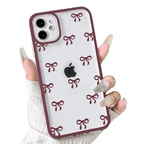 NITITOP iPhone 12 Mini uchun mos keladigan g'ilof Chiroyli tiniq chidamli lenta kamonli naqsh Qizlar uchun Ayollar Yumshoq TPU Shaffof To'liq Kamera Ob'ektiviga Zarba o'tkazmaydigan himoya telefon qopqog'i - Sharob qizil 