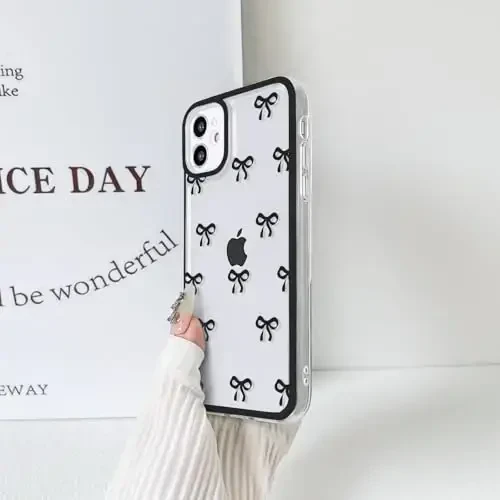 NITITOP iPhone 12 Mini uchun mos keladigan g‘ilof, qizlar va ayollar uchun yoqimli shaffof chidamli lenta kamon naqshli yumshoq TPU shaffof to‘liq kamera linzali zarbga chidamli himoya telefon qopqog‘i - Qora - 6