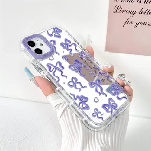NITITOP Compatible with iPhone 12 Pro Max Case Cute Mirror Bow Love Heart Pattern for Women Girls Ribbon Design Shockproof Silver Protective Phone Cover - Purple Bow - NITITOP (1)