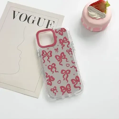 NITITOP Compatible with iPhone 12 Pro Max Case Cute Mirror Bow Love Heart Pattern for Women Girls Ribbon Design Shockproof Silver Protective Phone Cover - Wine Red Bow - 6