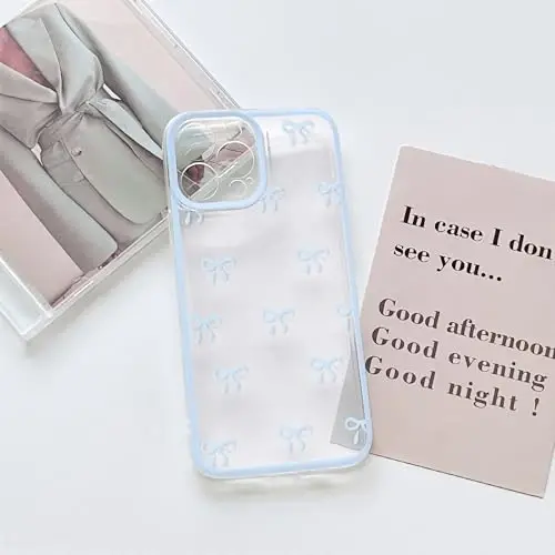 NITITOP Compatible with iPhone 12 Pro Max Case Cute Clear Durable Ribbon Bowknot Pattern for Girls Women Soft TPU Transparent Full Camera Lens Shockproof Protective Phone Cover - Blue - 3