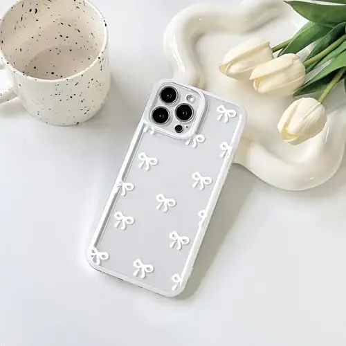 NITITOP iPhone 12 Pro uchun g'ilof bilan mos keladi, Qizlar uchun chiroyli tiniq chidamli lenta kamon naqshli ayollar Yumshoq TPU shaffof to'liq kamera linzalari zarbaga chidamli himoya telefon qopqog'i - Oq - NITITOP (1)