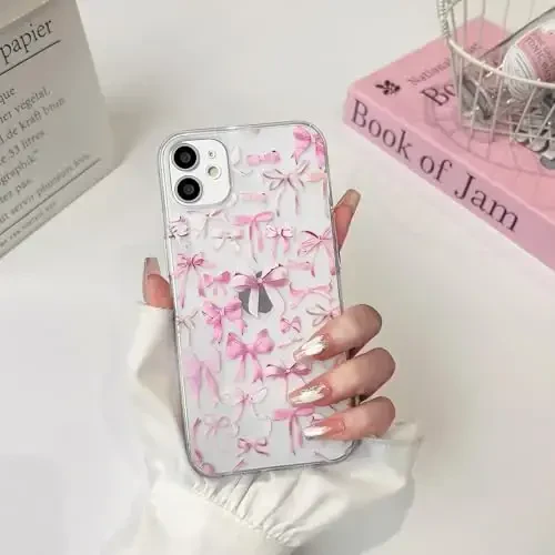 NITITOP iPhone 12 uchun mos keladigan g'ilof, ayollar qizlar uchun chiroyli tiniq bant dizayni, pushti kamon lenta yumshoq ingichka zamonaviy himoya telefon qopqog'i - pushti - 3