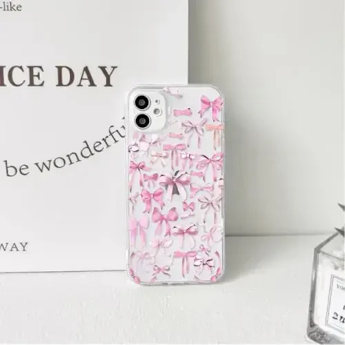 NITITOP iPhone 12 uchun mos keladigan g'ilof, ayollar qizlar uchun chiroyli tiniq bant dizayni, pushti kamon lenta yumshoq ingichka zamonaviy himoya telefon qopqog'i - pushti - 6