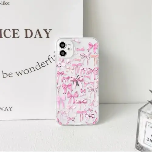 NITITOP iPhone 12 uchun mos keladigan g'ilof, ayollar qizlar uchun chiroyli tiniq bant dizayni, pushti kamon lenta yumshoq ingichka zamonaviy himoya telefon qopqog'i - pushti - 6