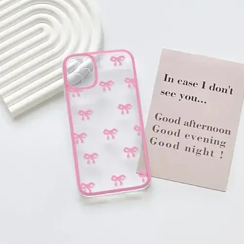 NITITOP iPhone 12 uchun mos keladigan g‘ilof Chiroyli tiniq bardoshli lenta kamon naqshli qizlar ayollar uchun yumshoq TPU shaffof to‘liq kamera linzalari zarbaga chidamli himoya telefon qopqog‘i - och qizil - 3