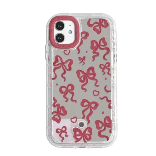 NITITOP Compatible with iPhone 12/12 Pro Case Cute Mirror Bow Love Heart Pattern for Women Girls Ribbon Design Shockproof Silver Protective Phone Cover - Wine Red Bow - NITITOP