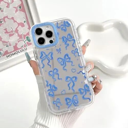 NITITOP Compatible for iPhone 12/12 Pro Case Cute Bow Knot - Indigo Blue | Aesthetics, Cute, Mirror Ribbon bow, Love heart, Vintage, For women girls, Soft TPU Case, Shockproof Protective, Waterproof - 3