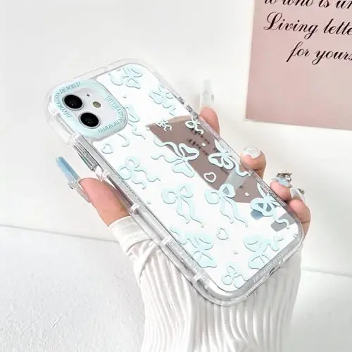 NITITOP Compatible with iPhone 12/12 Pro Case Cute Mirror Bow Love Heart Pattern for Women Girls Ribbon Design Shockproof Silver Protective Phone Cover - Blue Bow - NITITOP (1)