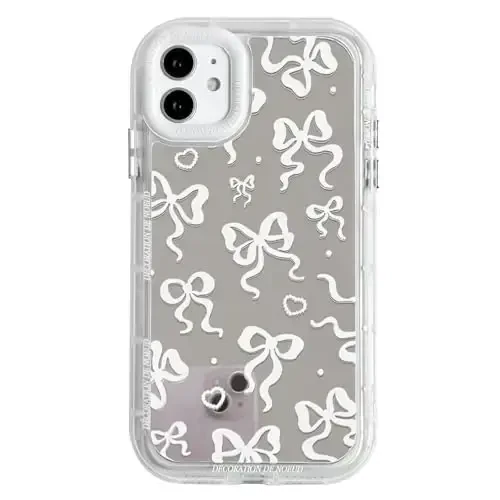 NITITOP Compatible with iPhone 12/12 Pro Case Cute Mirror Bow Love Heart Pattern for Women Girls Ribbon Design Shockproof Silver Protective Phone Cover - White Bow - 1