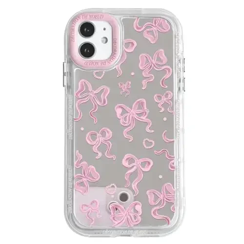 NITITOP Compatible with iPhone 12/12 Pro Case Cute Mirror Bow Love Heart Pattern for Women Girls Ribbon Design Shockproof Silver Protective Phone Cover - Pink Bow - NITITOP