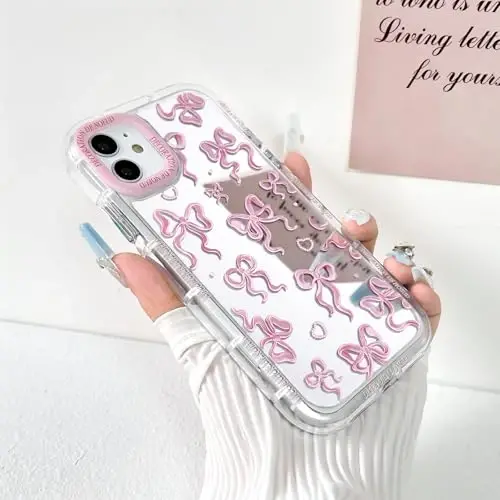 NITITOP Compatible with iPhone 12/12 Pro Case Cute Mirror Bow Love Heart Pattern for Women Girls Ribbon Design Shockproof Silver Protective Phone Cover - Pink Bow - NITITOP (1)