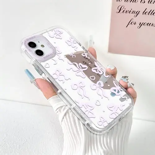 NITITOP Compatible with iPhone 12/12 Pro Case Cute Mirror Bow Love Heart Pattern for Women Girls Ribbon Design Shockproof Silver Protective Phone Cover - Pink Purple Bow - 2
