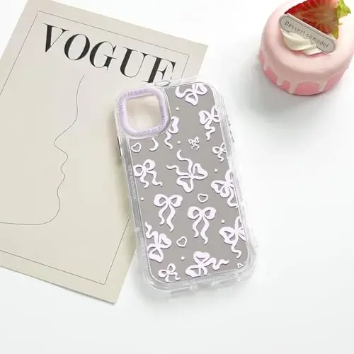 NITITOP Compatible with iPhone 12/12 Pro Case Cute Mirror Bow Love Heart Pattern for Women Girls Ribbon Design Shockproof Silver Protective Phone Cover - Pink Purple Bow - 5