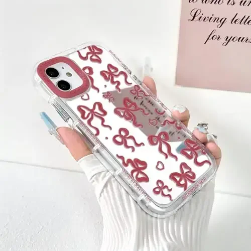 NITITOP iPhone 12/12 Pro uchun mos keladigan chexol Ayollar qizlar uchun yoqimli oyna kamon sevgi yurak naqshli lenta dizayni zarbga chidamli kumush himoya telefon qopqog'i - vino qizil kamon - 2