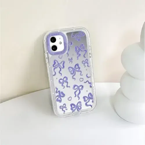 NITITOP iPhone 12/12 Pro uchun mos keladigan g'ilof, ayollar va qizlar uchun yoqimli oyna kamon sevgi yurak naqshli, lentalar dizayni zarbaga chidamli kumush himoya telefon qopqog'i - binafsha kamon - 7