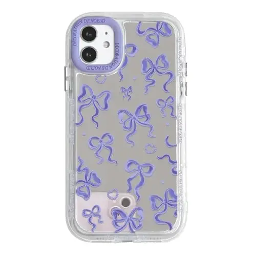 NITITOP iPhone 12/12 Pro uchun mos keladigan g'ilof, ayollar va qizlar uchun yoqimli oyna kamon sevgi yurak naqshli, lentalar dizayni zarbaga chidamli kumush himoya telefon qopqog'i - binafsha kamon 