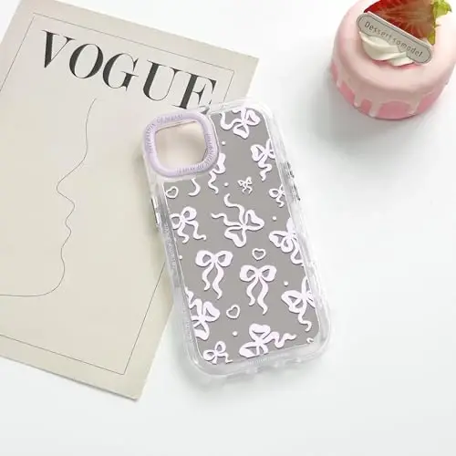 NITITOP Compatible with iPhone 13 Case Cute Mirror Bow Love Heart Pattern for Women Girls Ribbon Design Shockproof Silver Protective Phone Cover - Pink Purple Bow - 5