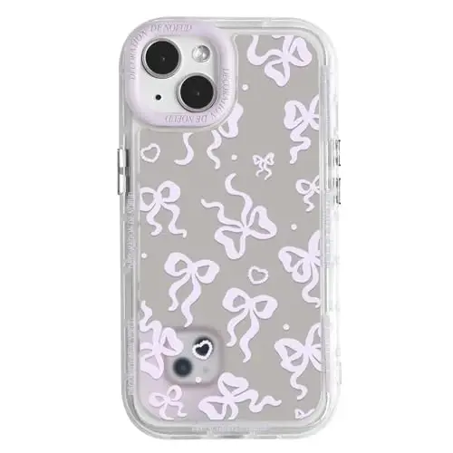 NITITOP Compatible with iPhone 13 Case Cute Mirror Bow Love Heart Pattern for Women Girls Ribbon Design Shockproof Silver Protective Phone Cover - Pink Purple Bow - NITITOP